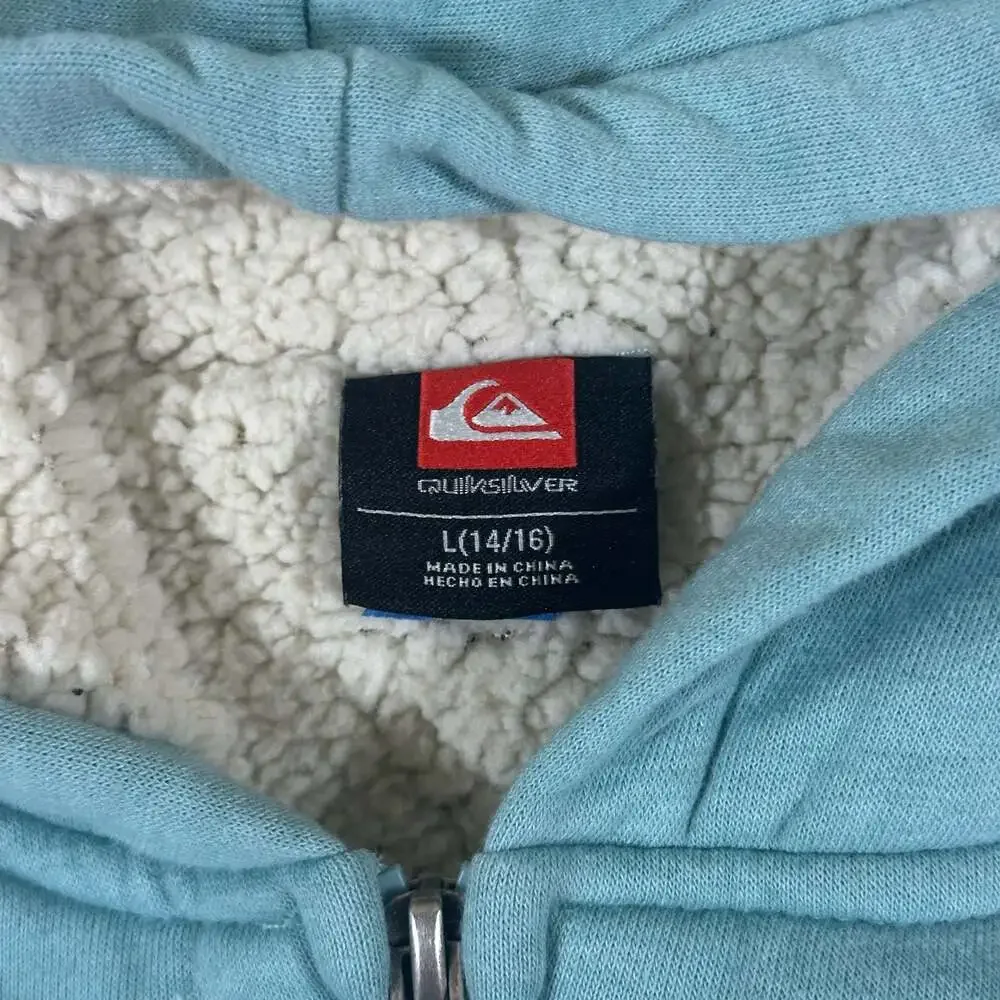 Quiksilver Sherpa Lined Full Zip Hoodie Light Blue Surf Skate Jacket Youth L